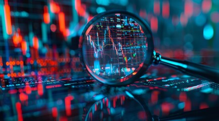 Wall Mural - A magnifying glass over an electronic trading screen displaying colorful stock market charts, with a focus on the reflection of data and graphs in its surface.