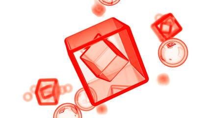 Poster - 3D cubes rotating in virtual space. Design. Transparent cubes and round bubbles.