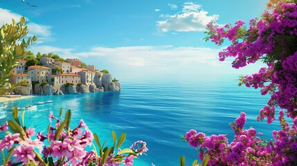 Seafront Landscape with Flowers - View of Stunning Coastal Town with Blue Sky
