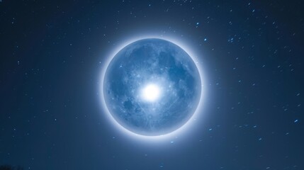 Canvas Print - A hazy blue moon with a brilliant halo of shimmering circles creating a mystical sight in the night sky.