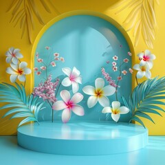 Wall Mural - One wide podium, clear upper space, stock photo, tropical flower. 