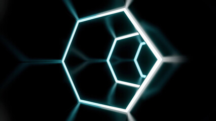 Poster - Flying inside dark virtual tunnel with neon hexagonal grid. Design. Bright neon grid of hexagons in the endless bending corridor.