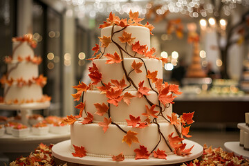 Wall Mural - A wedding cake adorned with autumn leaves on a table