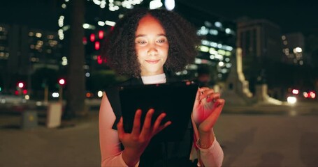 Poster - Girl, online and night in city with tablet for reading emails, socializing and networking for business event or platform. Woman, thinking and digital technology for navigation app and directions.