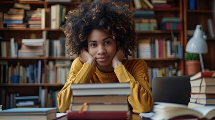 Wall Mural - A young woman sits at a desk with a stack of books in front of her. She is wearing a yellow sweater and she is deep in thought. The scene suggests a quiet, studious atmosphere