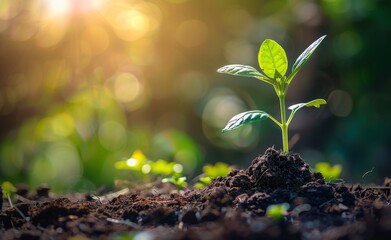 Wall Mural - Sprouting plant in soil with sunlight