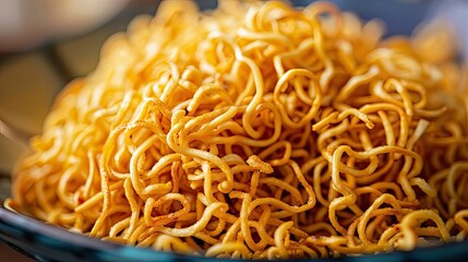 Close-up of golden-brown crispy noodles, ready to be enjoyed as a crunchy snack or topping