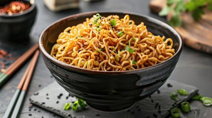 Wall Mural - Crispy fried noodles served in a bowl, perfect for adding crunch to your favorite dishes