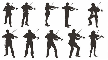 MAN PLAYING violin SILHOUETTES & VECTOR COLLECTION 3D avatars set vector icon, white background, black colour icon