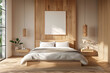 © SOUHAIL - Wooden home bedroom interior with bed and nightstand with decor. Mock up frame