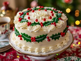 Wall Mural - festive christmas cake with holly and berries