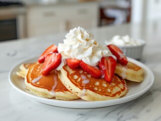 Wall Mural - Delicious pancakes topped with fresh strawberries and whipped cream