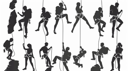 Rock climbing man and woman silhouettes and vectors set , white and black 3D avatars set vector icon, white background, black colour icon