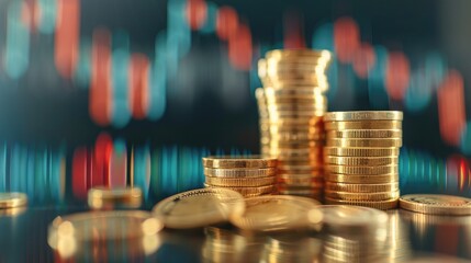 Poster - A stack of gold coins with a financial graph in the background, illustrating economic growth