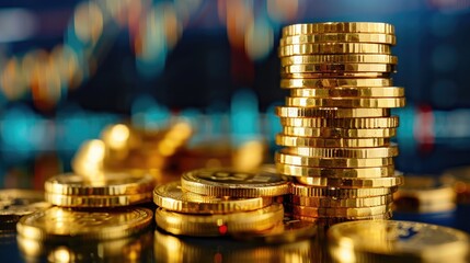 Poster - A stack of gold coins with a financial graph in the background, illustrating economic growth
