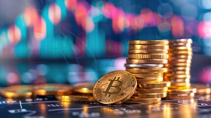 Poster - A stack of gold coins with a financial graph in the background, illustrating economic growth