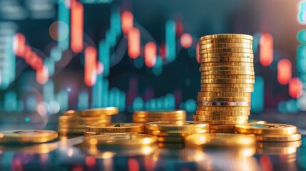 Poster - A stack of gold coins with a financial graph in the background, illustrating economic growth