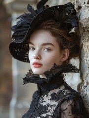 Poster - Elegant woman in black lace dress and feathered hat