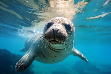 Wall Mural - Close-up of a curious seal swimming in clear blue water with vibrant marine background, showcasing the beauty of ocean wildlife and underwater exploration.