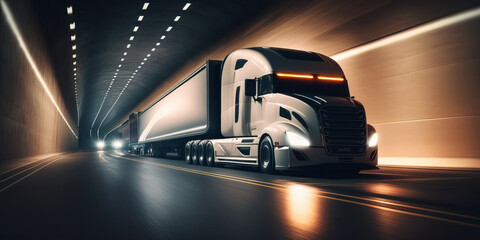 Modern futuristic Semi Truck at Speed in Tunnel