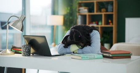 Aufkleber - Girl, writing and student tired with laptop for studying for important exam or assignment, burnout and mental block or fatigue. Learner, digital technology and research for assessment and education.