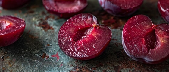 Wall Mural - Plum fruit close-up. Pieces of plum.