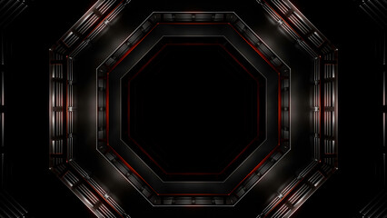 Poster - Futuristic tunnel with fluorescent lights. Design. Sci-fi interior corridor with neon lighting with hexagonal shapes.