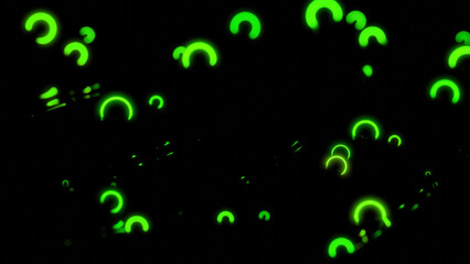 Poster - Small neon rings move in space. Design. Neon rings vibrate in space with waves and reflections. Luminous bokeh rings vibrate in dark