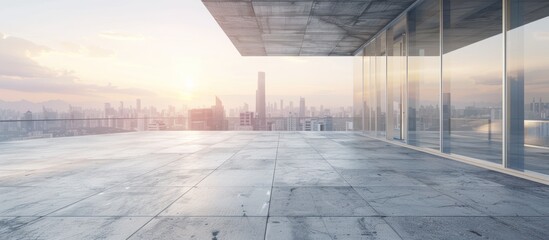 Perspective view of empty concrete floor and modern rooftop building with sunrise cityscape scene.