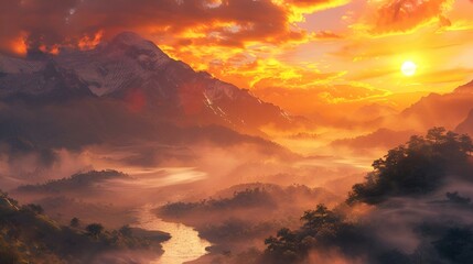 Wall Mural - Scenic sunset over mountains, river, and forest