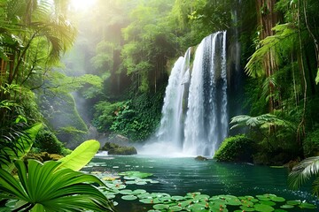 Wall Mural - Stunning waterfall cascading into the heart of a lush jungle