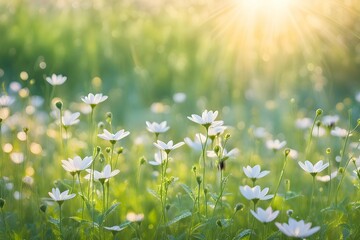 A field of white flowers with the sun shining on them