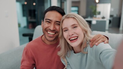 Poster - Couple, happy and home for selfie pov, social media and post for internet blog with picture on tech. Laughing, smile and together on sofa for memory, connection and vlog networking or capture