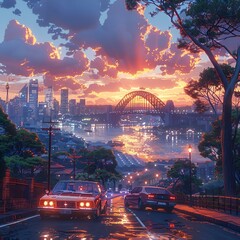 Wall Mural - City street at sunset with cars and a bridge in the background