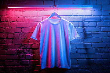 Wall Mural - A white t-shirt is displayed against a brick wall, showcasing a blank template for design purposes. Mockup template for design print