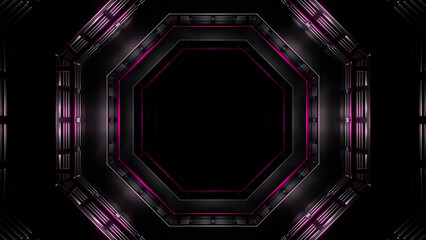 Poster - Flight in neon lights cyber data hexagonal tunnel. Design. Dark mysterious corridor.