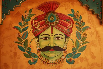 Canvas Print - indian wedding decor, saffron and green colour theme with mustache design on wall for decoration , orange background , Indian king's face with turban in the centre of canvas