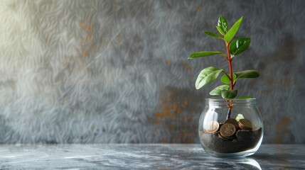 Wall Mural - alitle plant growing on glass jar full of coins on table with gray background copy space with minimalist style