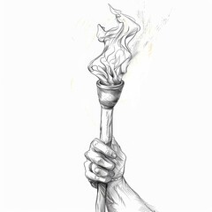 Wall Mural - Olympic torch, held by a female hand drawn with lines only, white background