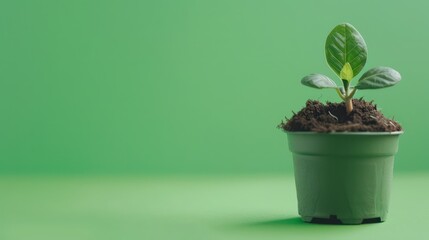 Canvas Print - coin moneys near small plant growing on pot copy space on green background with minimalist style