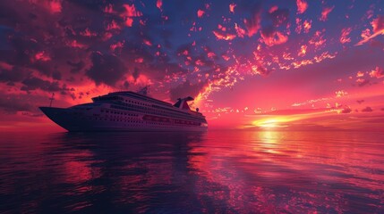 Wall Mural - A Cruise Ship Resting on the Ocean Beneath a Vibrant Sunset Sky