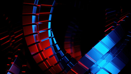 Poster - Abstract spinning metal red tiles with hypnotic effect. Design. Metal colorful chain rotating on a black background.