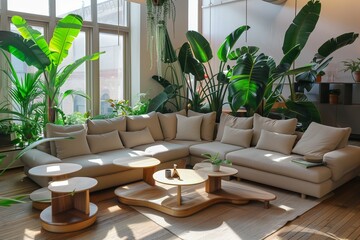 A spacious living room with an L-shaped sofa, nested coffee tables, and large indoor plants.