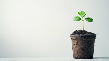 small plant grow on pot copy space on white background with minimalist style