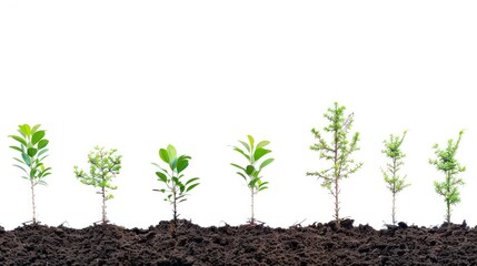 Wall Mural - A sequence of saplings of different sizes arranged in a line, showing the stages of growth from seedling to mature tree, with a clear sky or plain background for adding text or graphics 