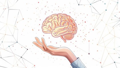 Wall Mural - A sketch illustration of a hand holding a brain with detailed neural connections, set against a white background with minimalist line art elements