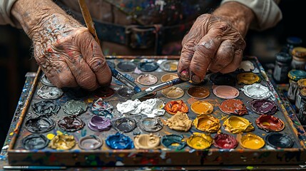 Wall Mural - A painter's hands mixing colors on a palette, preparing to create a new piece of art. Minimal and Simple style