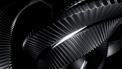 Poster - Abstract metal spinning stripes on a black background, monochrome. Design. Long tangled mechanism.