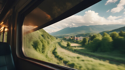 Wall Mural - A view from a train window with a beautiful view, the feeling of moving in the picture, Generative AI