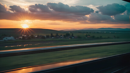 Wall Mural - A view from a train window with a beautiful view, the feeling of moving in the picture, Generative AI